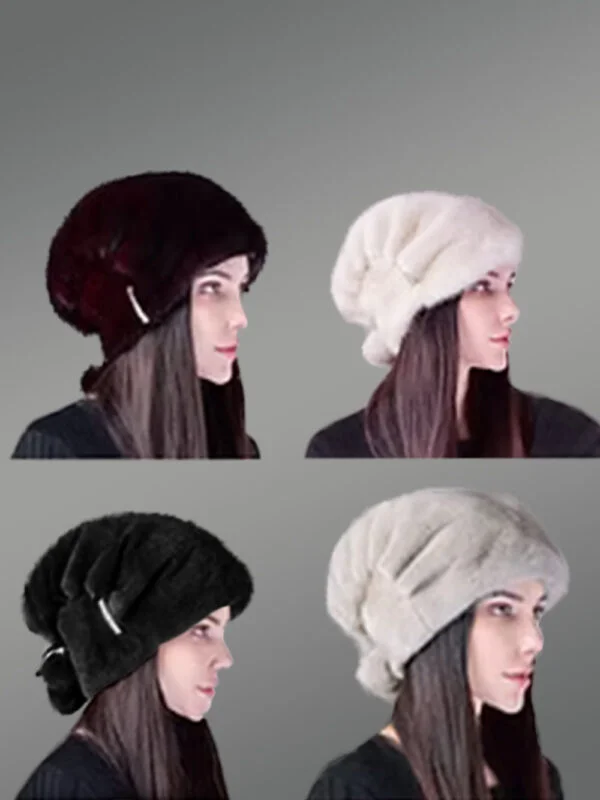 Womens Mink Hat with Pompom Adorned with Stylish Pin Detail