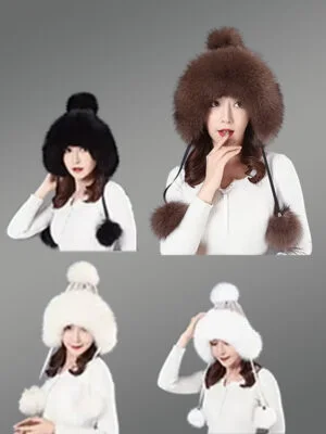 Fox Fur Beanie Hat with Pom Poms