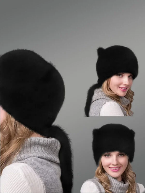 Mink Beanie Hat with Tail and Cat Ear Design for Women - Image 2
