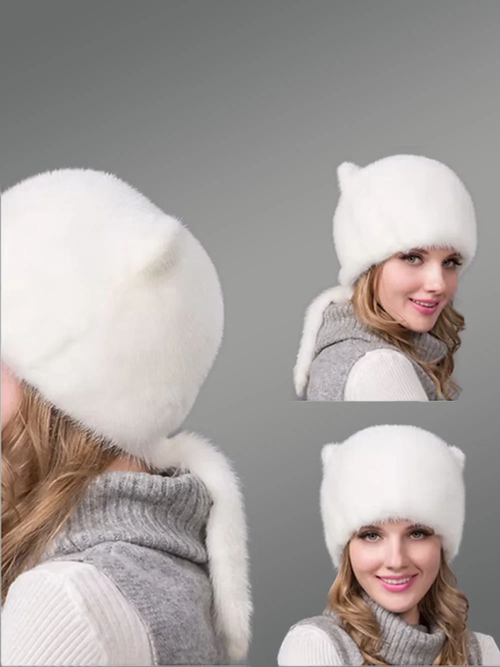 Mink Beanie Hat with Tail and Cat Ear Design for Women