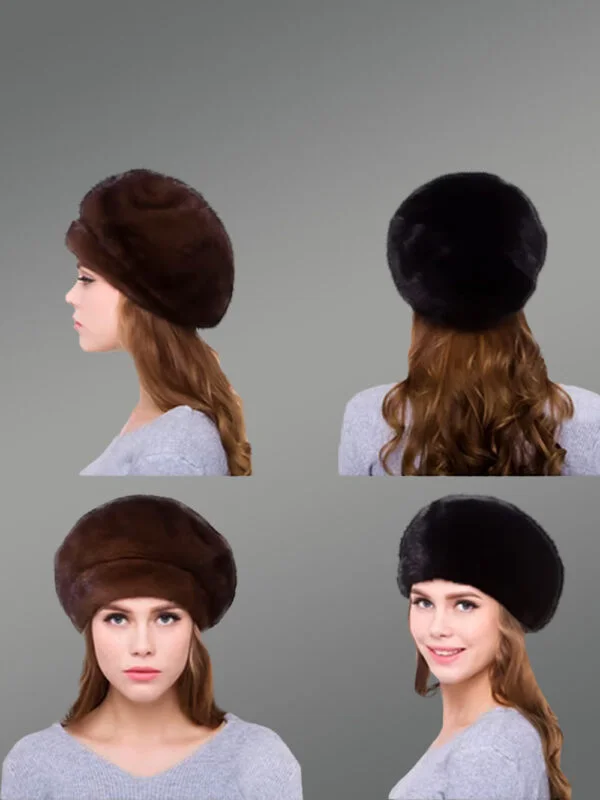 Mink Full Skin Beret Hat Exuding Classic Elegance in Brown and Black
