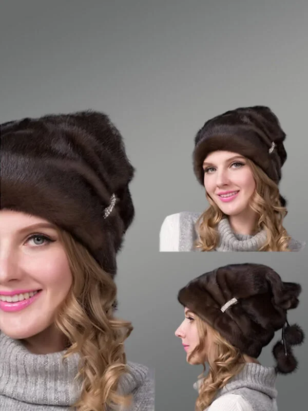Natural Mink Beret Hat for Women Accentuated with a Ritzy Brooch