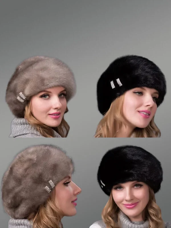 Womens Mink Fur Beret Hat with Luxe Crystal Embellishment