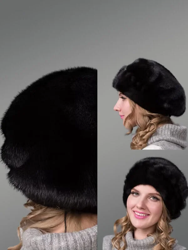 Black Mink Fur Womens Beret with Decorative Elements