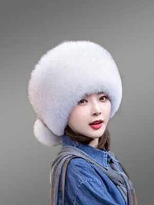 Russian Style Fox Fur Beret Hat with Back Pom Poms