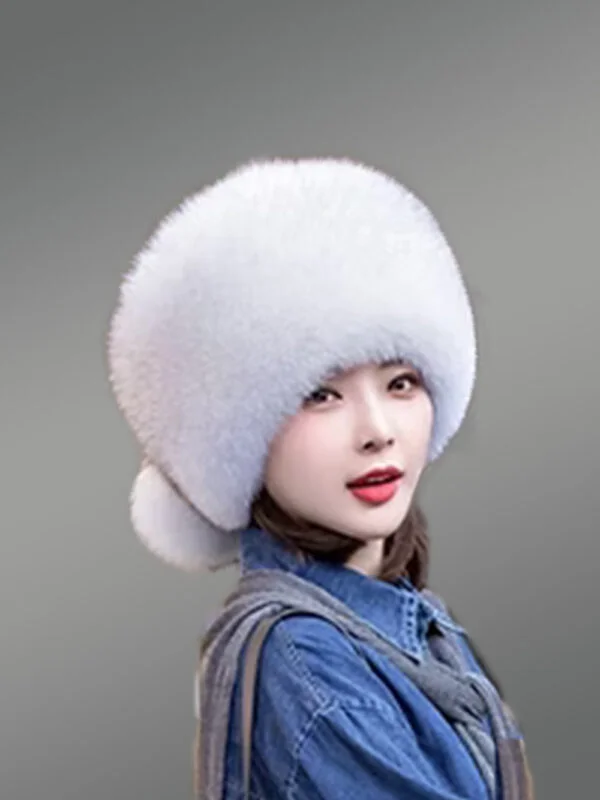 Russian Style Fox Fur Beret Hat with Back Pom Poms