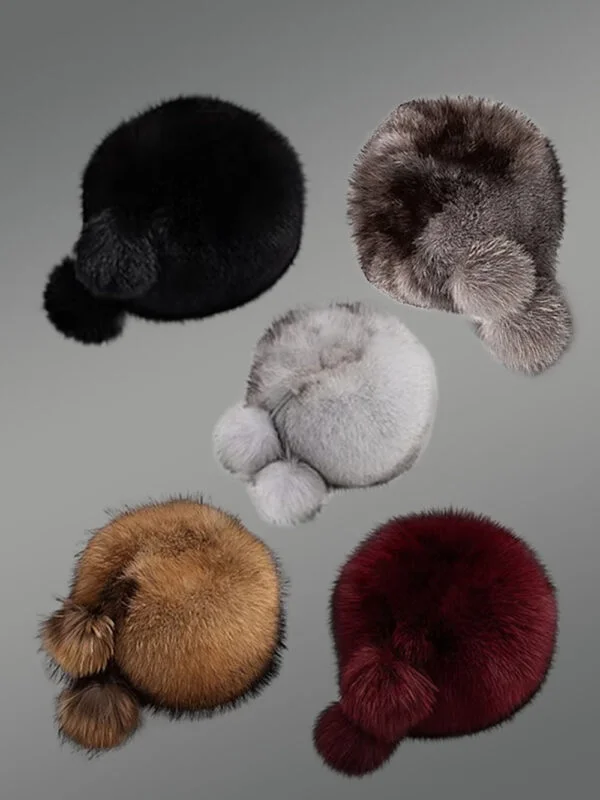 Russian Style Fox Fur Beret Hat with Back Pom Poms - Image 2