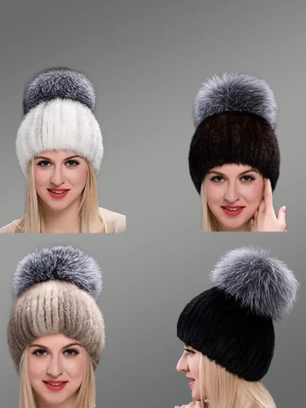 Tail Mink Beanie Hat for Women with Oversized Silver Fox Fur Pompom