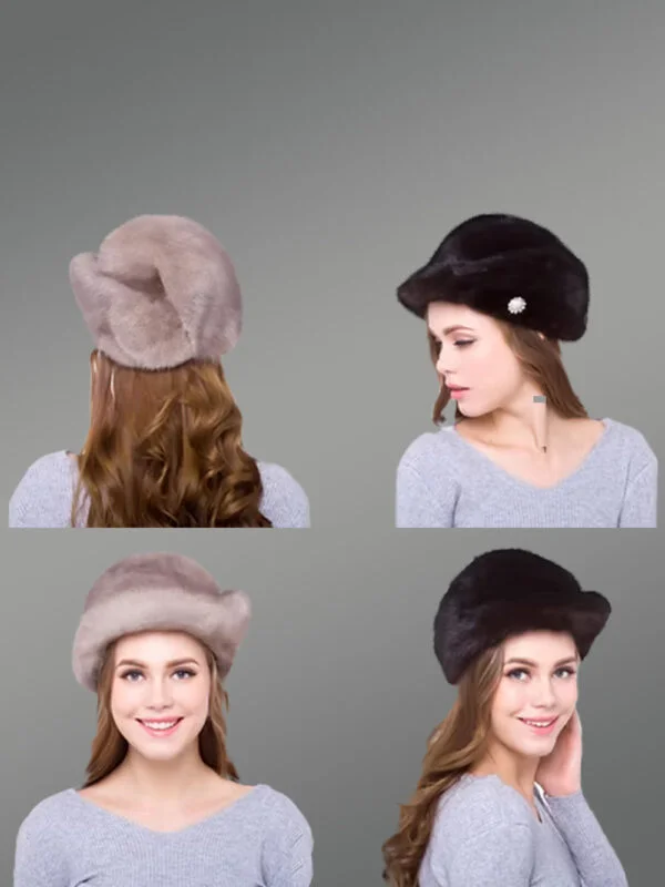 Womens Mink Fur Riding Hat with a Side Accent ofLovely Broach - Image 2