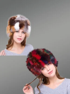Womens Multicolor Fox Fur Beanie Hat - A Vibrant Winter Style Statement