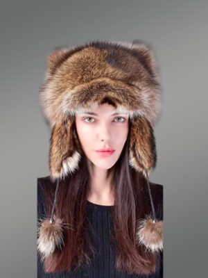 Womens Fox Fur Trapper Hat with Pompom, Tail and EarflapsLooks Fascinating with Pompom, Tail and EarflapsLooks Fascinating