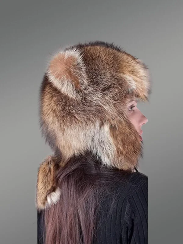Womens Fox Fur Trapper Hat with Pompom, Tail and EarflapsLooks Fascinating with Pompom, Tail and EarflapsLooks Fascinating - Image 2