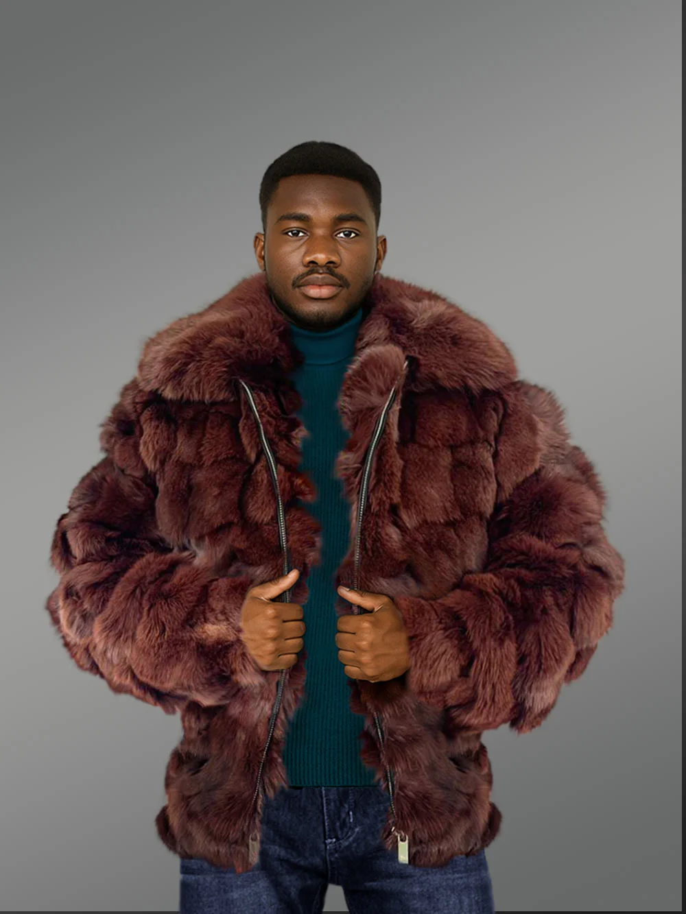 Mens Coffee Brown Fox Fur Bomber Jacket – Commands Attention with Chic Elegance